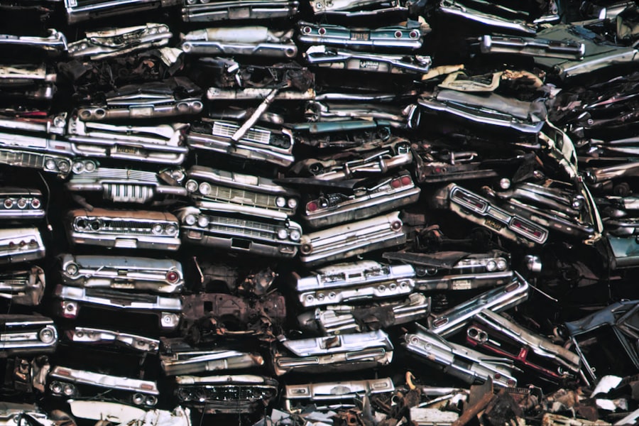 Densely stacked salvage vehicle stock for cataloguing